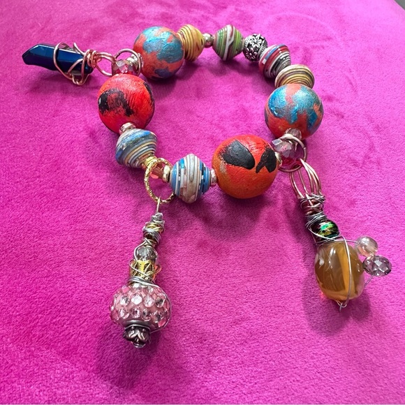 Handmade Charm Bracelet with Hand-Painted Beads & Wire-Wrapped Accents 6-7 3130 - Picture 7 of 13